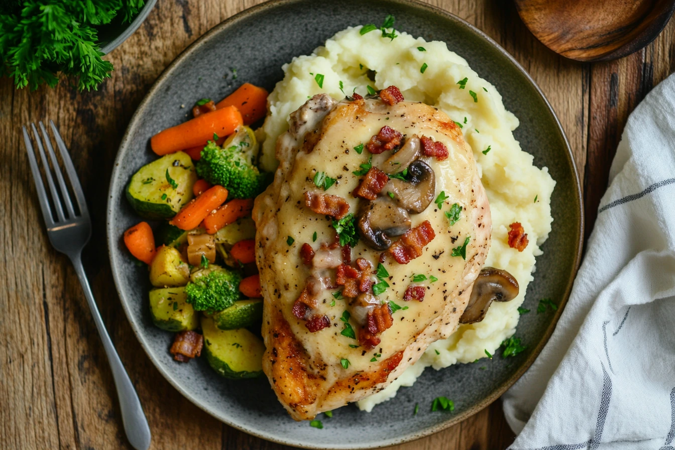 Alice Springs Chicken Recipe served with mashed potatoes and vegetables