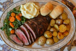Plated venison roast recipe with potatoes and sides