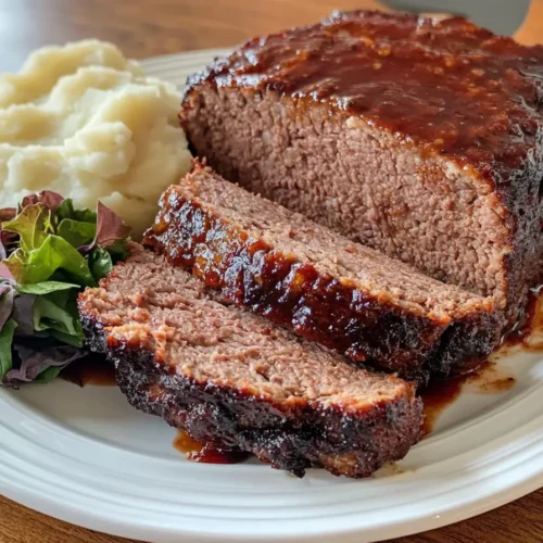 Smoked Meatloaf recipe sliced with mashed potatoes and salad