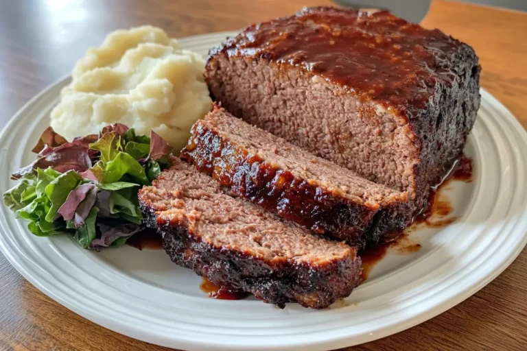 Smoked Meatloaf recipe sliced with mashed potatoes and salad
