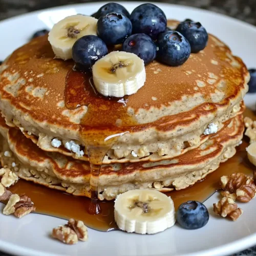 Oatmeal cottage cheese pancakes with blueberries and bananas