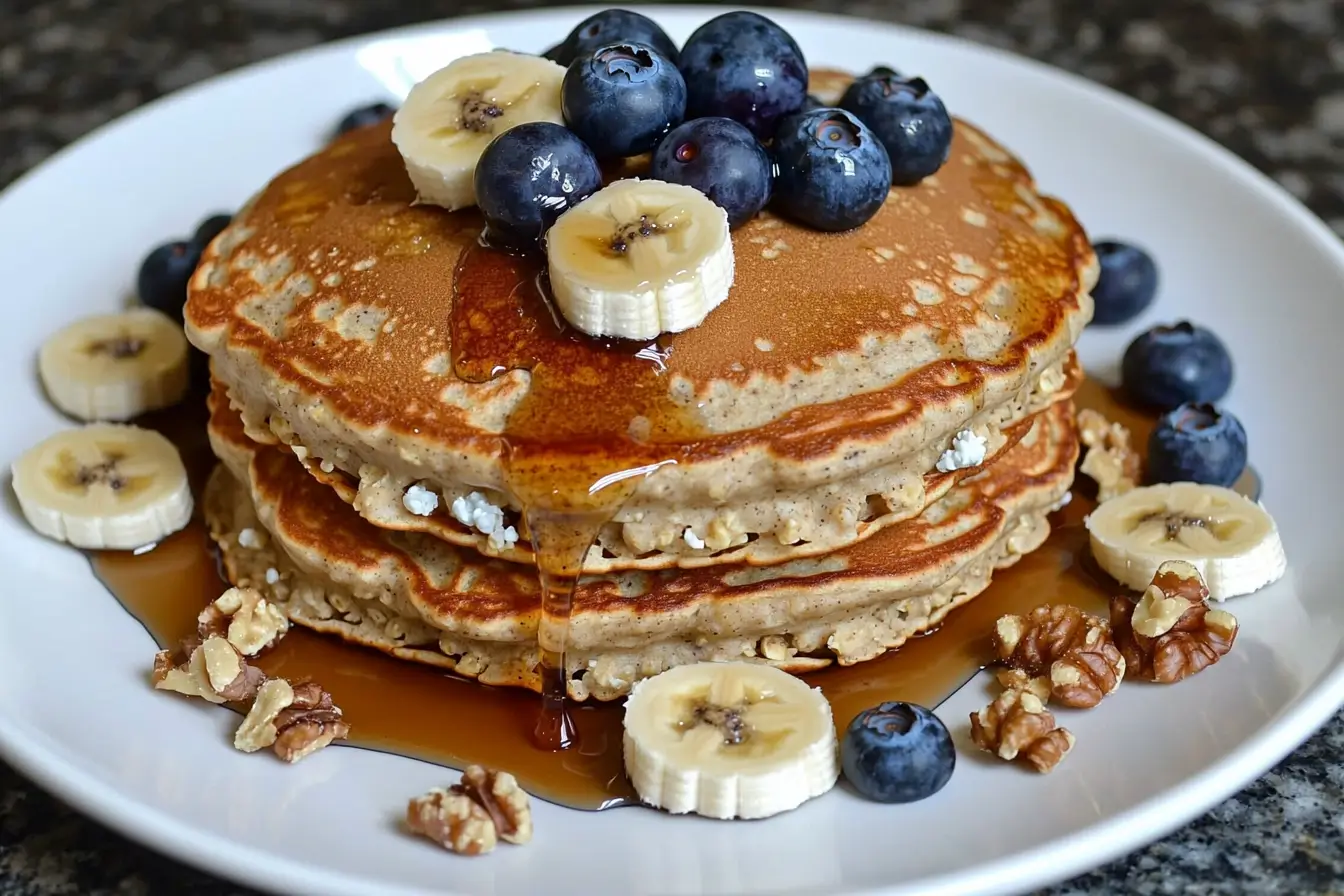 Oatmeal cottage cheese pancakes with blueberries and bananas